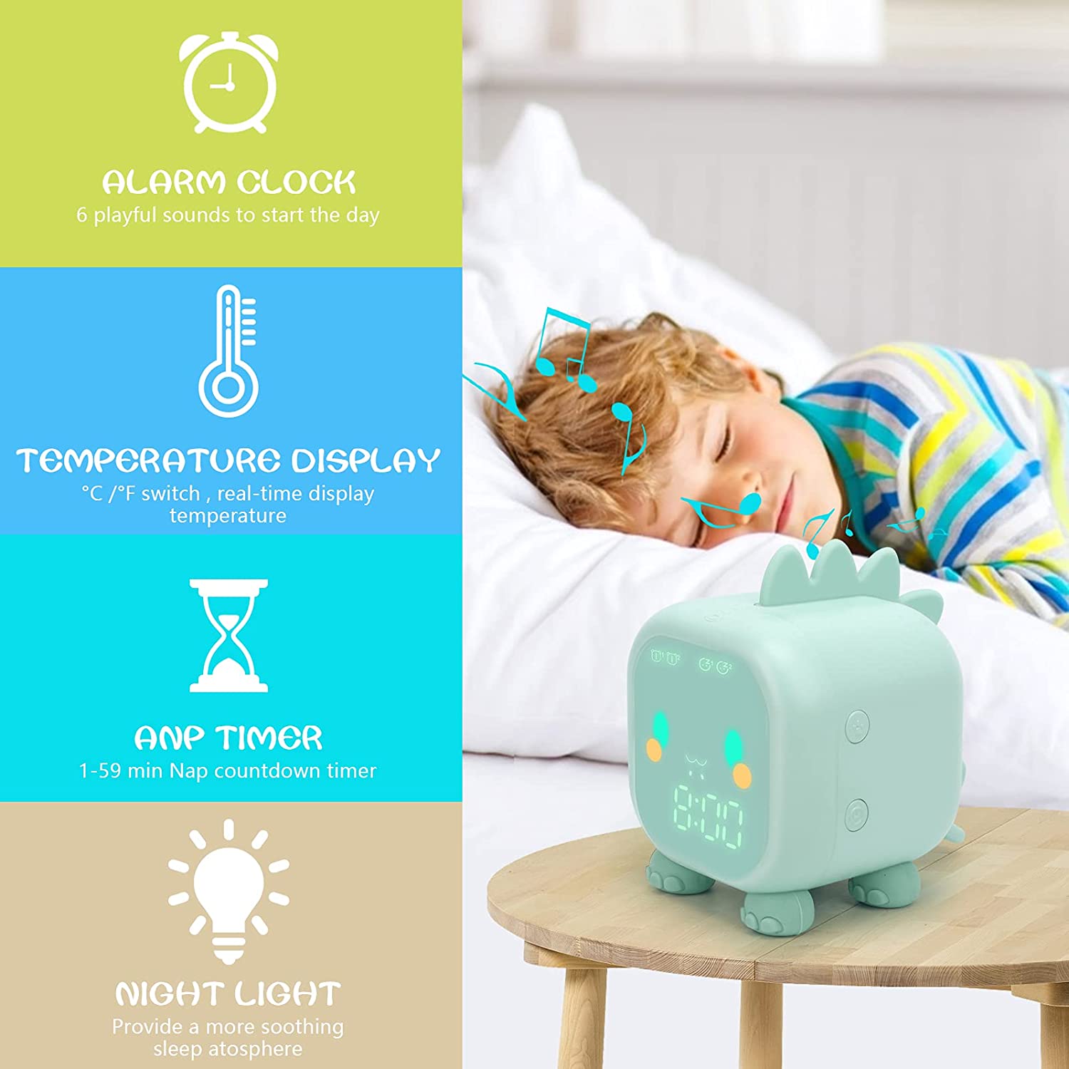 Kids Digital Alarm Clock for Kids Bedroom Cute Dinosaur (Green)