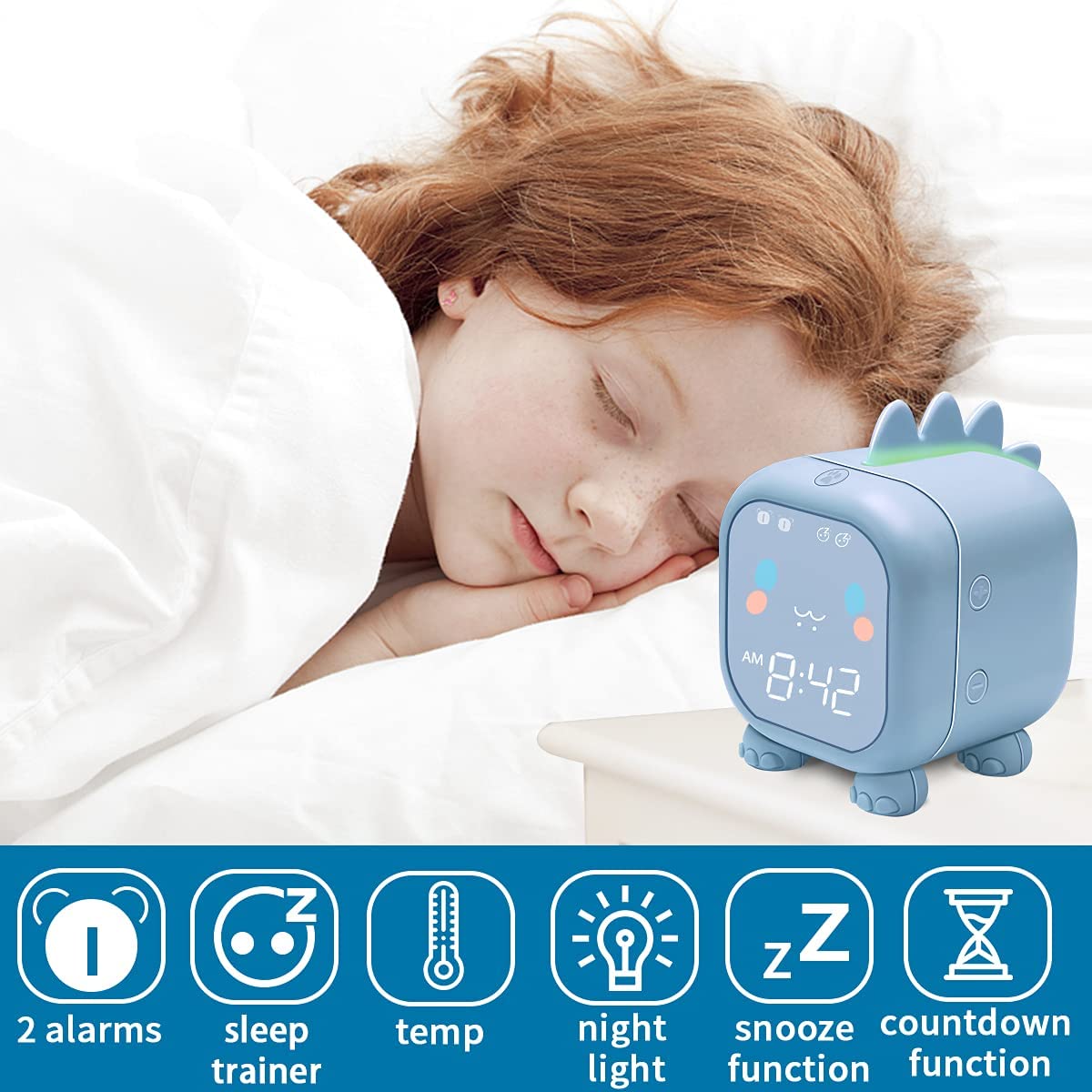 Kids Digital Alarm Clock for Kids Bedroom Cute Dinosaur (Blue)