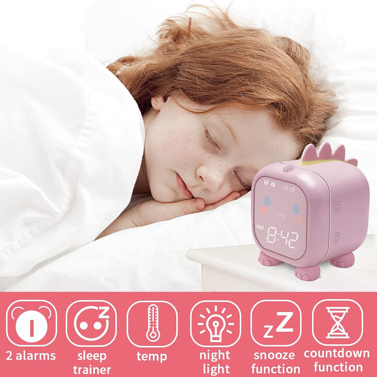 Kids Digital Alarm Clock for Kids Bedroom Cute Dinosaur (Pink)