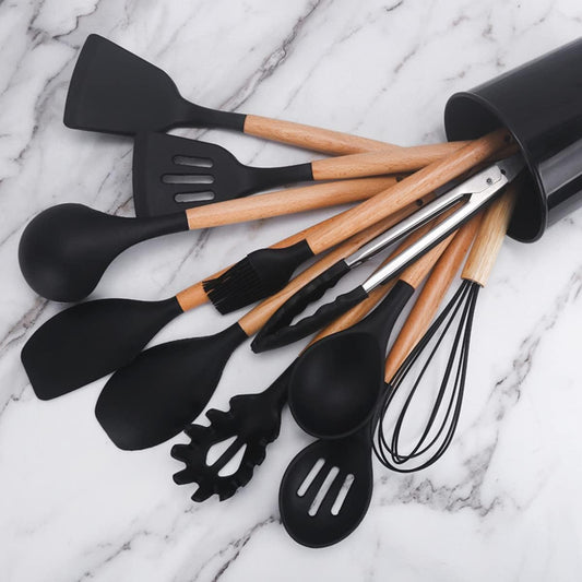SKYTONE 12 Piece Silicone Spatula Set, Heat Resistant Non-Stick Cooking Bakeware with Wooden Handles, Silicone Cooking Utensils, Kitchen Gadgets Serving Utensils