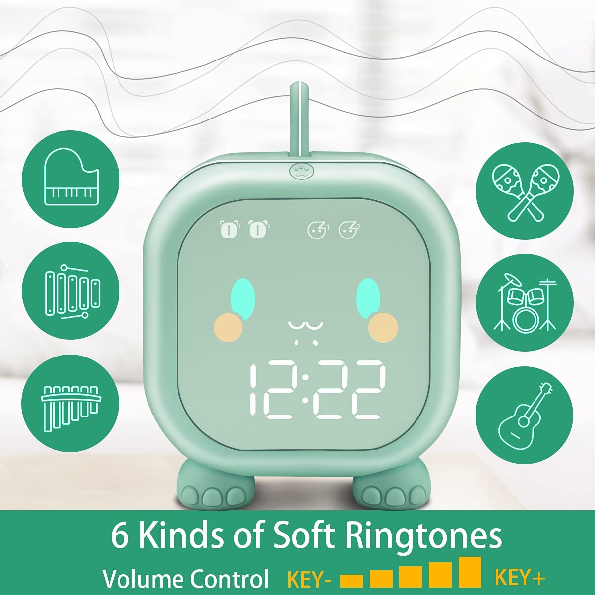 Kids Digital Alarm Clock for Kids Bedroom Cute Dinosaur (Green)
