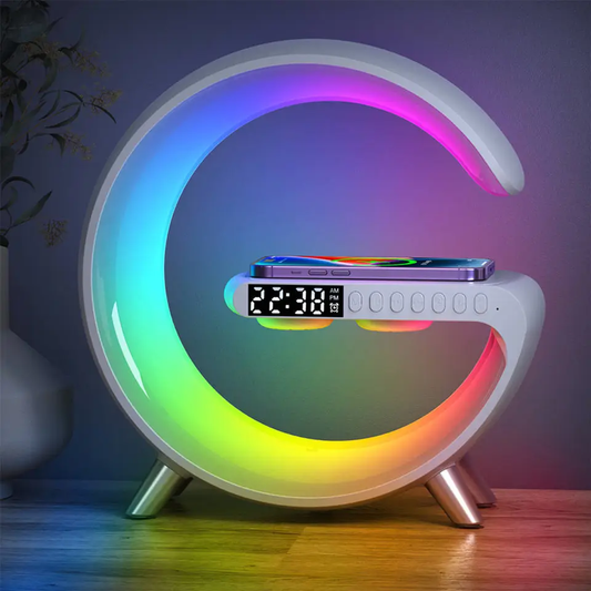 Multi-functional G Shaped 5-in-1 Wireless Charger Smart Alarm Clock BT Music Speaker With LED Night Lights