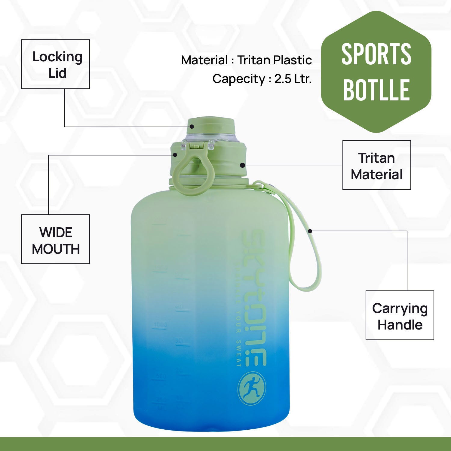 SKYTONE Gallon Water Bottle 2.2 Litre- GREEN