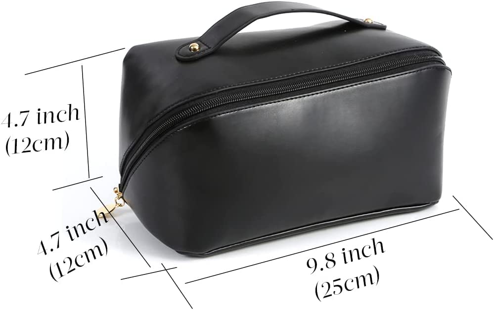 Large Capacity 12 Cms Cosmetic Travel Bag, Women's Makeup Travel Bag Portable Leather Cosmetics Bag, Makeup Storage Bags with Handle and Divider, Wide Opening Cosmetic Organizer Bags (BLACK)