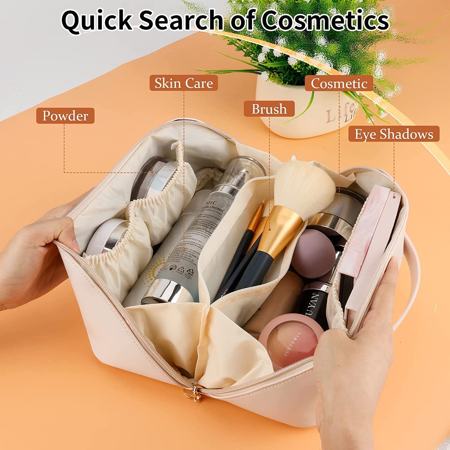 Large Capacity 12 Cms Cosmetic Travel Bag, Women's Makeup Travel Bag Portable Leather Cosmetics Bag, Makeup Storage Bags with Handle and Divider, Wide Opening Cosmetic Organizer Bags (CREAM)