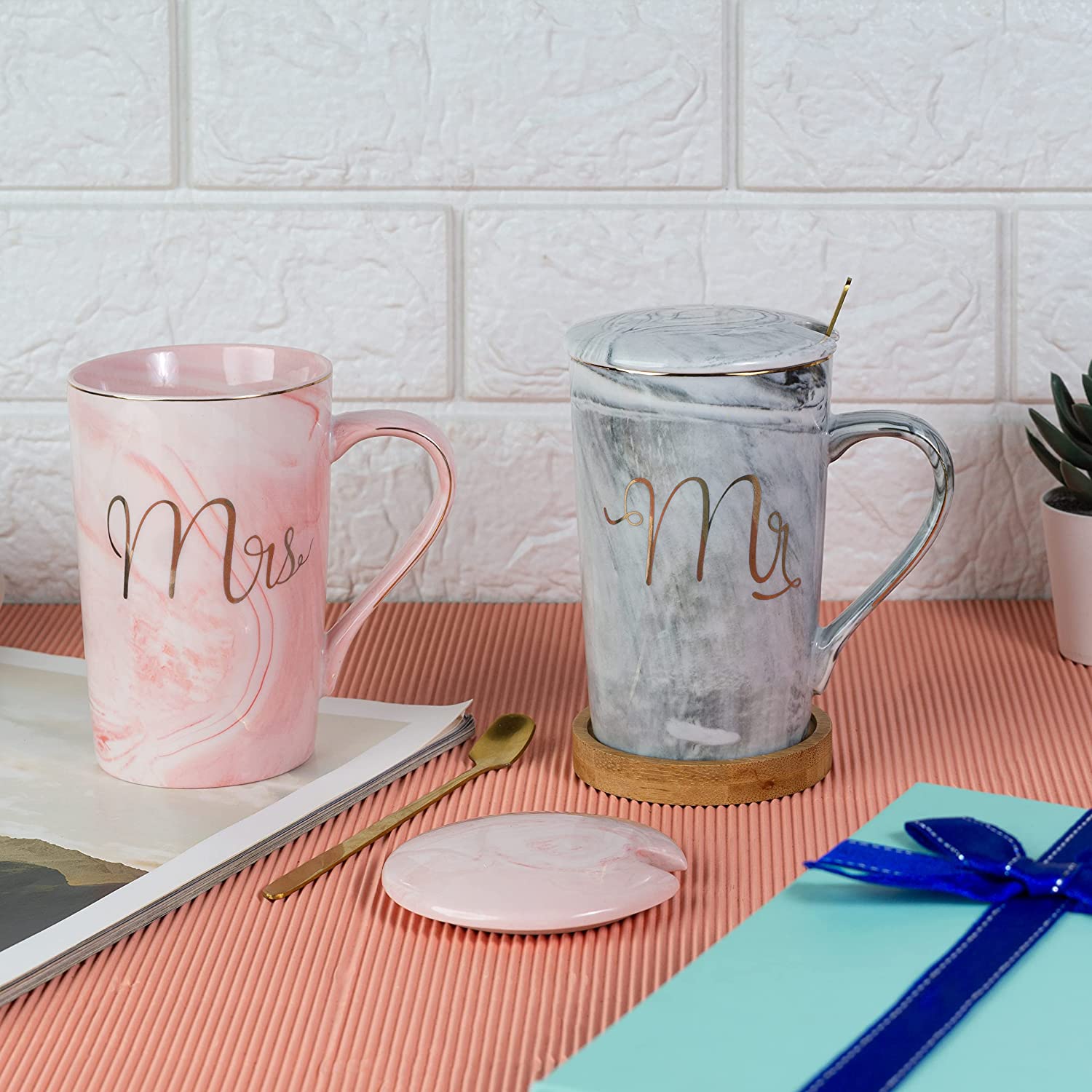 SKYTONE Ceramic Marble Finish Coffee MR & MRS Mug with Lid & Spoon for Anniversary Wedding Engagement Valentine Gifts