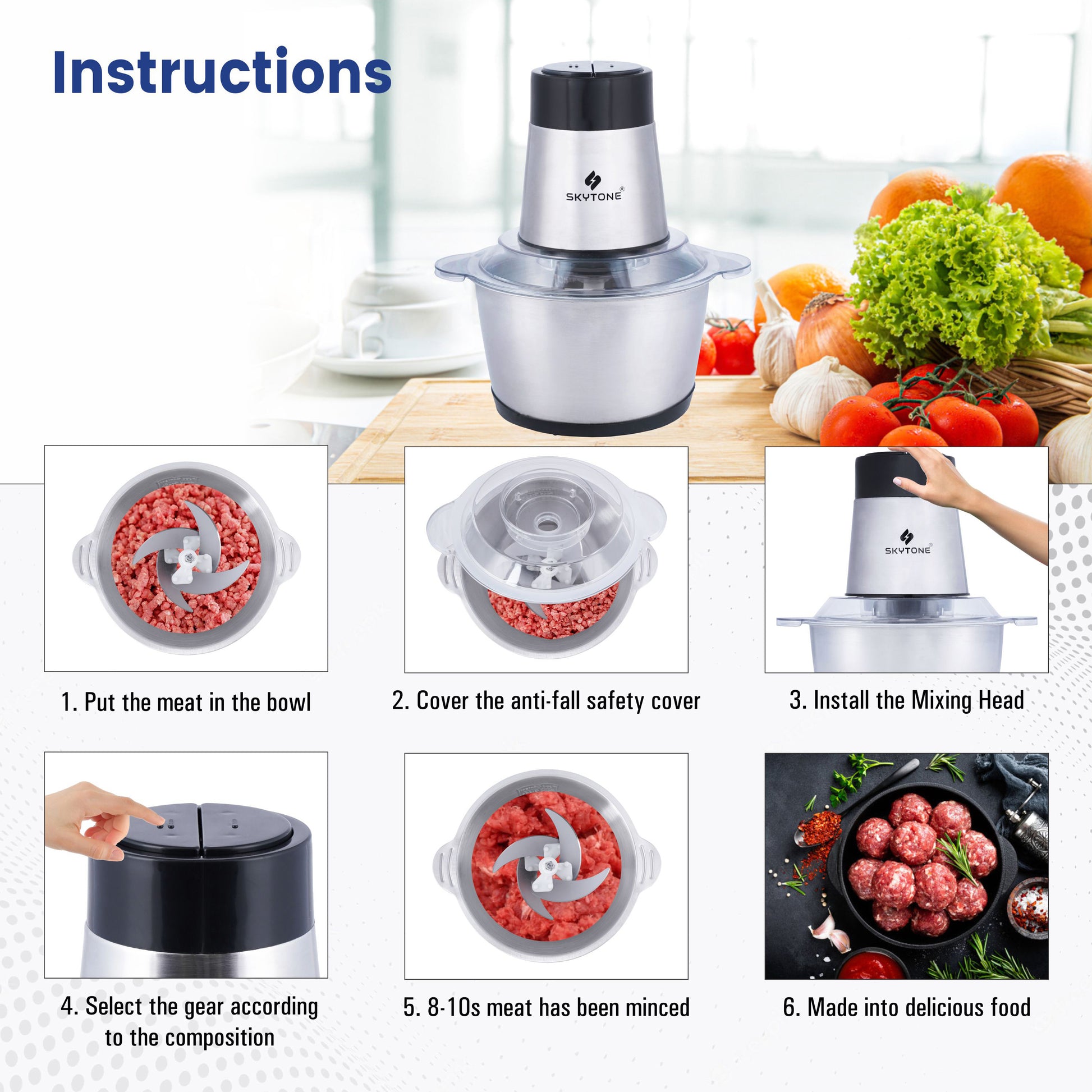 SKYTONE Electric Food Chopper, 2L 8-Cup Stainless Steel Bowl Kitchen Mini  Food Processor for Meat Vegetables Fruits or Nuts, 700w 4bi-Level Blades